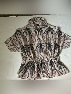 Lulusar Women Cream Blouse with Black Trim and Pink Floral Accents used size S.